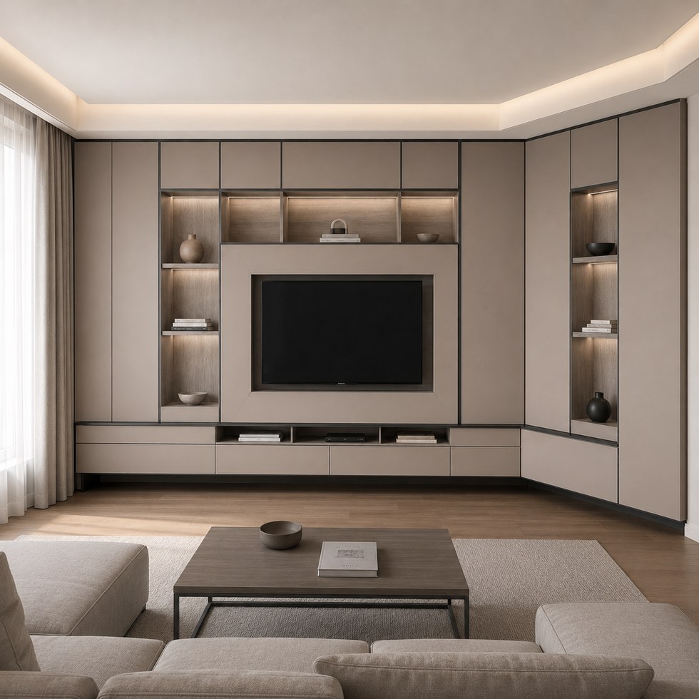 Taupe Corner TV Cabinet with Lit Niches and Floating Base