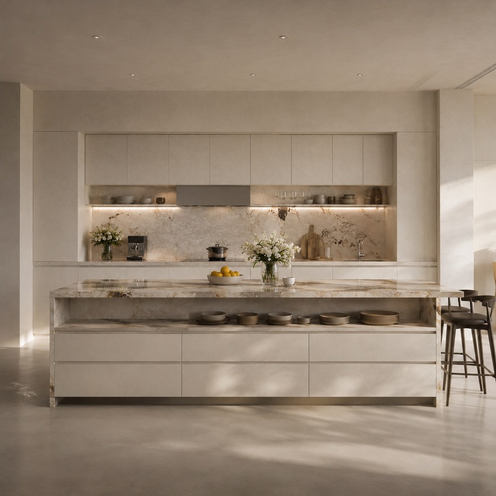 Warm Beige Handleless Kitchen Cabinets With Veined Island