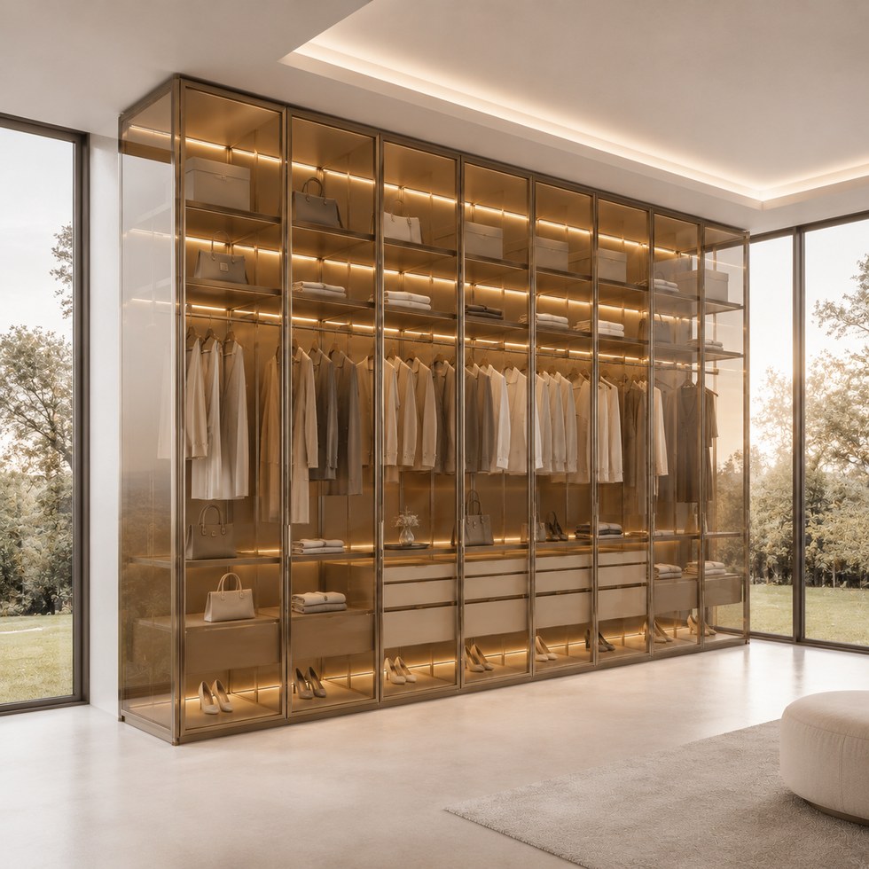Luxury Amber Glass Walk-In Closet Wardrobe with Warm LED Shelving