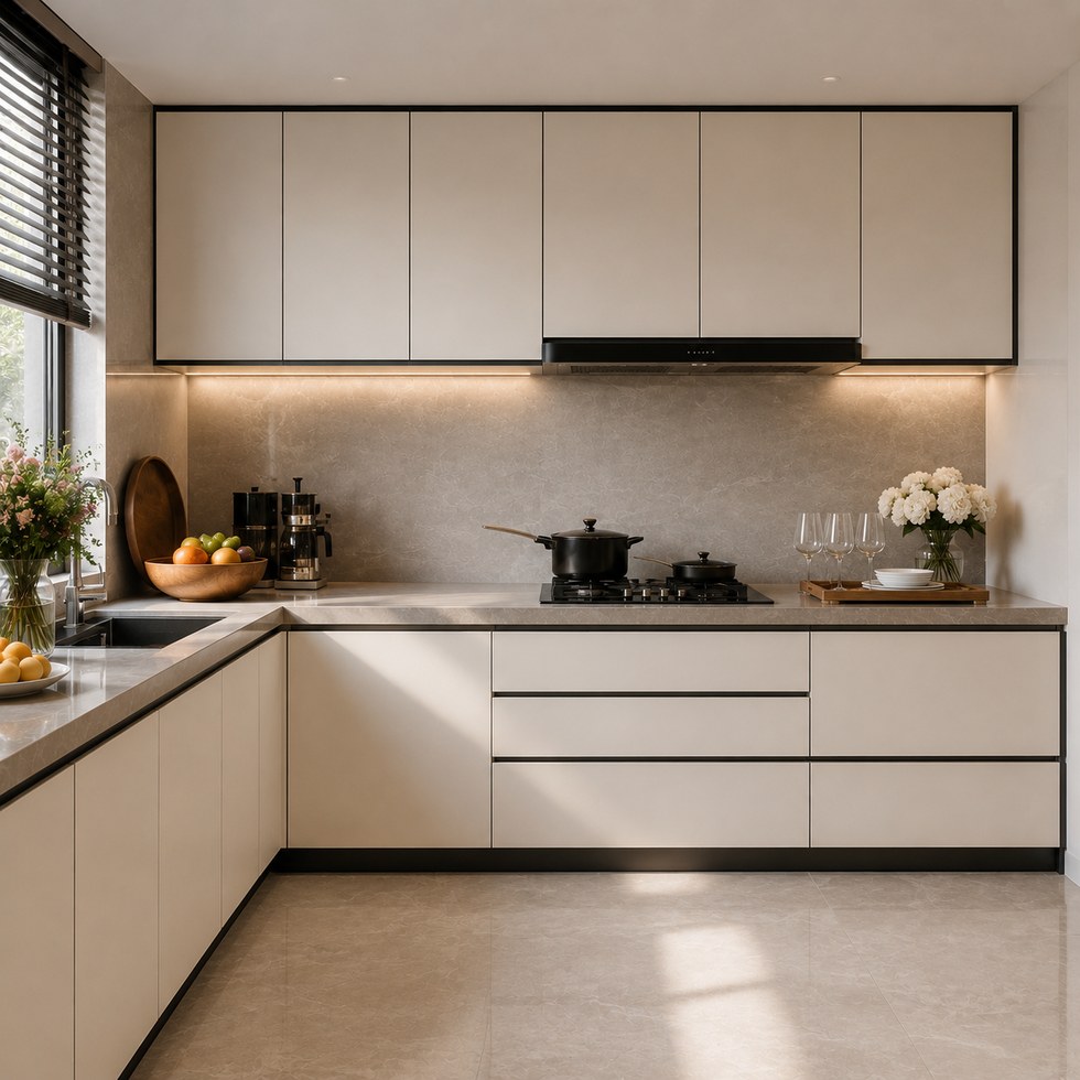 Modern Light Beige Flat Panel L-Shaped Kitchen Cabinets