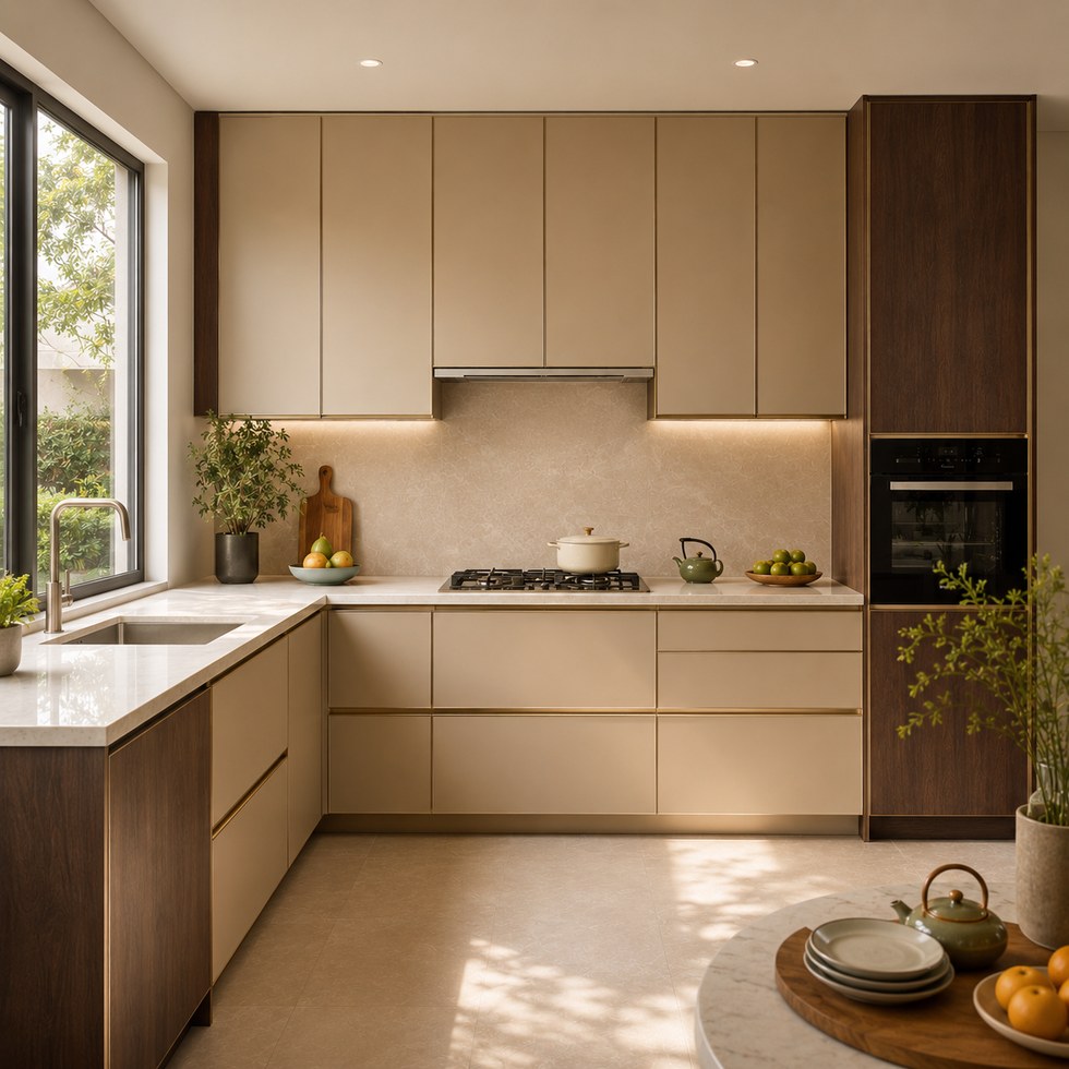 Modern Beige L-Shaped Kitchen Cabinets with Wood-Tone Tall Units