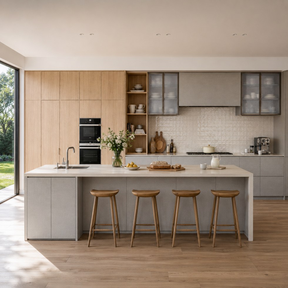 Modern Wood Grain and Grey Island Kitchen Cabinets with Glass Uppers