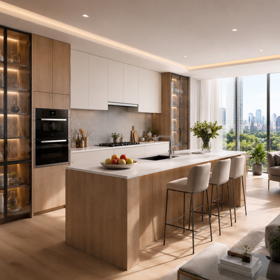 Modern Wood Tone and White Kitchen Cabinets With Island and Glass Display Storage