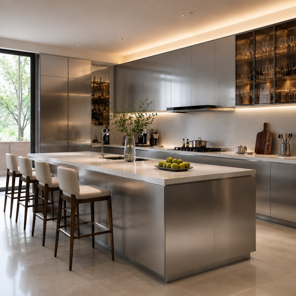 Modern Metallic Gray Kitchen Cabinets With Island and Glass Display Storage