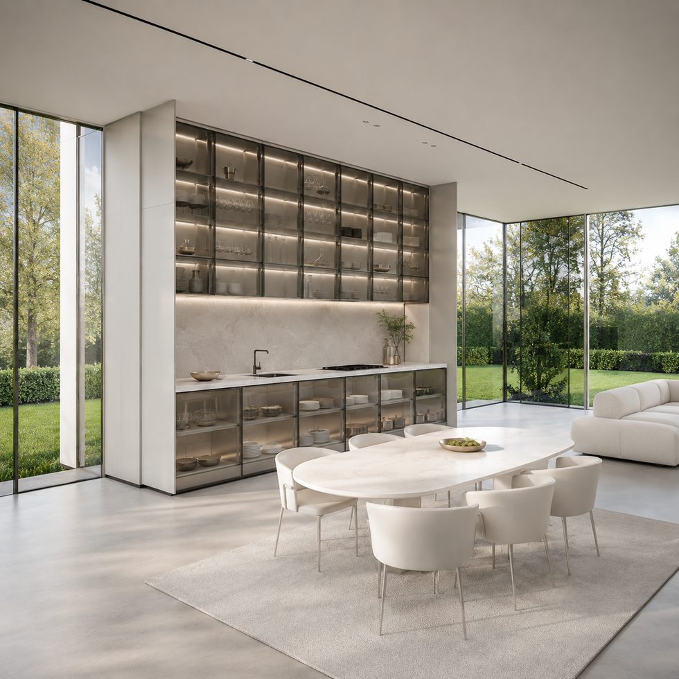 Smoked Glass Kitchen Cabinets with Light Stone Look Countertop