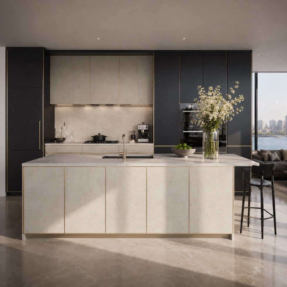 Modern Beige Stone-Look Kitchen Cabinets With Dark Tall Units and Island