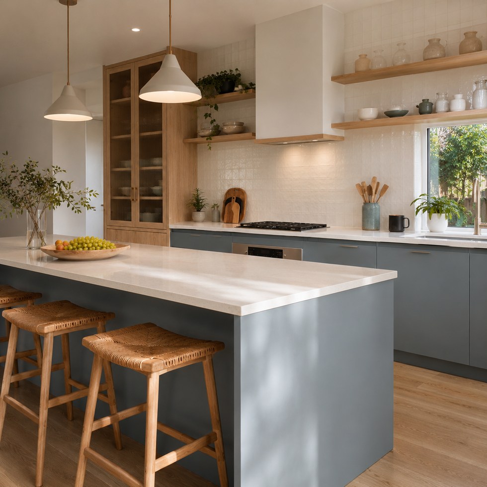 Blue Gray Kitchen Cabinets with Wood-Look Tall Storage and Island Seating