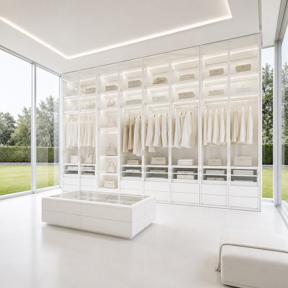 White Glass-Front Walk-In Closet Wardrobe with Lighted Shelves and Island Storage
