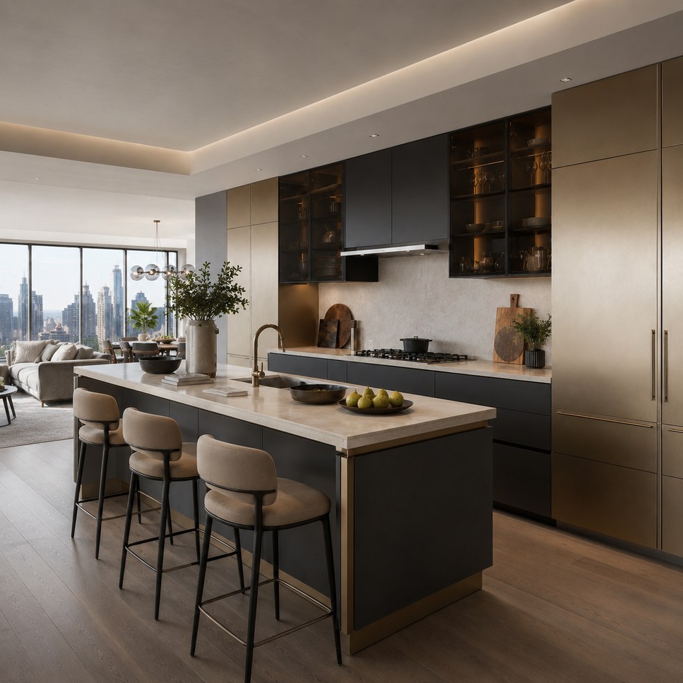 Modern Dark Gray and Champagne Kitchen Cabinets with Smoked Glass Wall Units