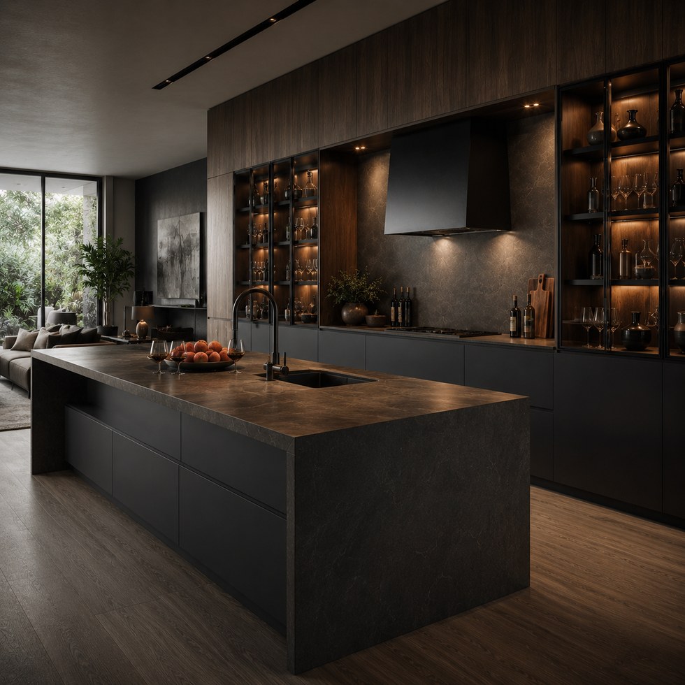 Dark Wood Grain Luxury Kitchen Cabinets With Glass Display Storage