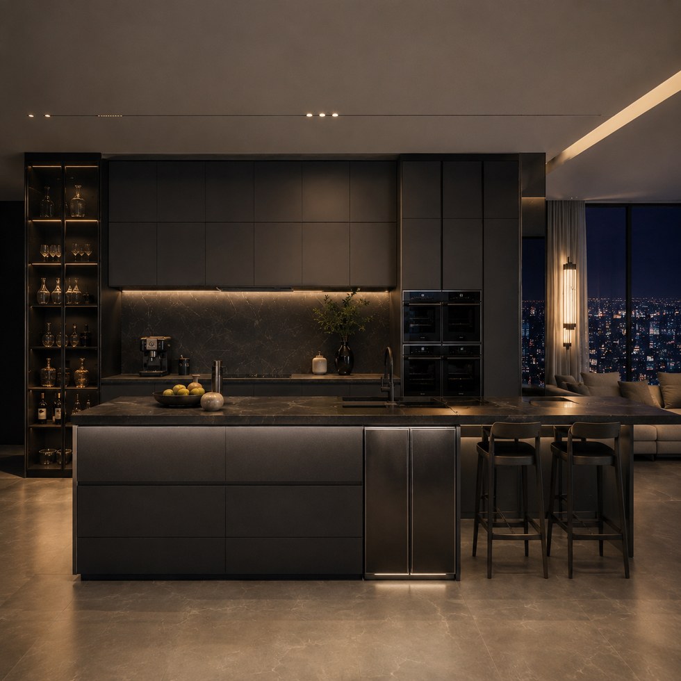 Dark Modern Kitchen Cabinets With Island and Glass Display Storage