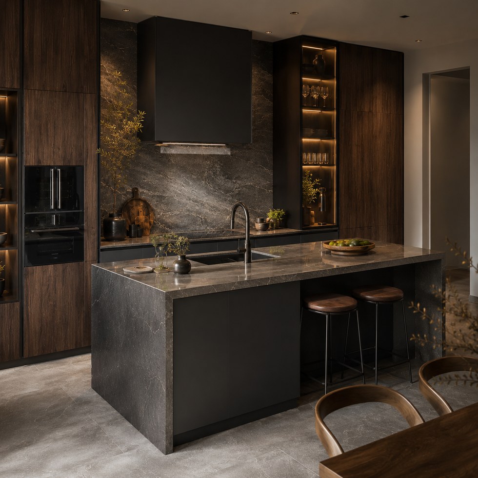 Dark Wood-Look Kitchen Cabinets with Stone-Look Island and Warm Display Shelves