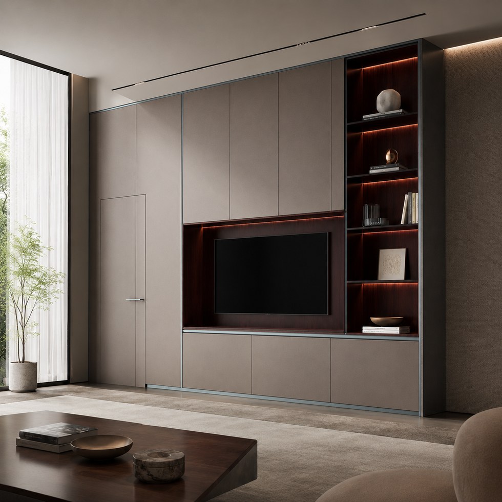 Modern Taupe Wall Paneling with Integrated TV Niche and Display Shelves