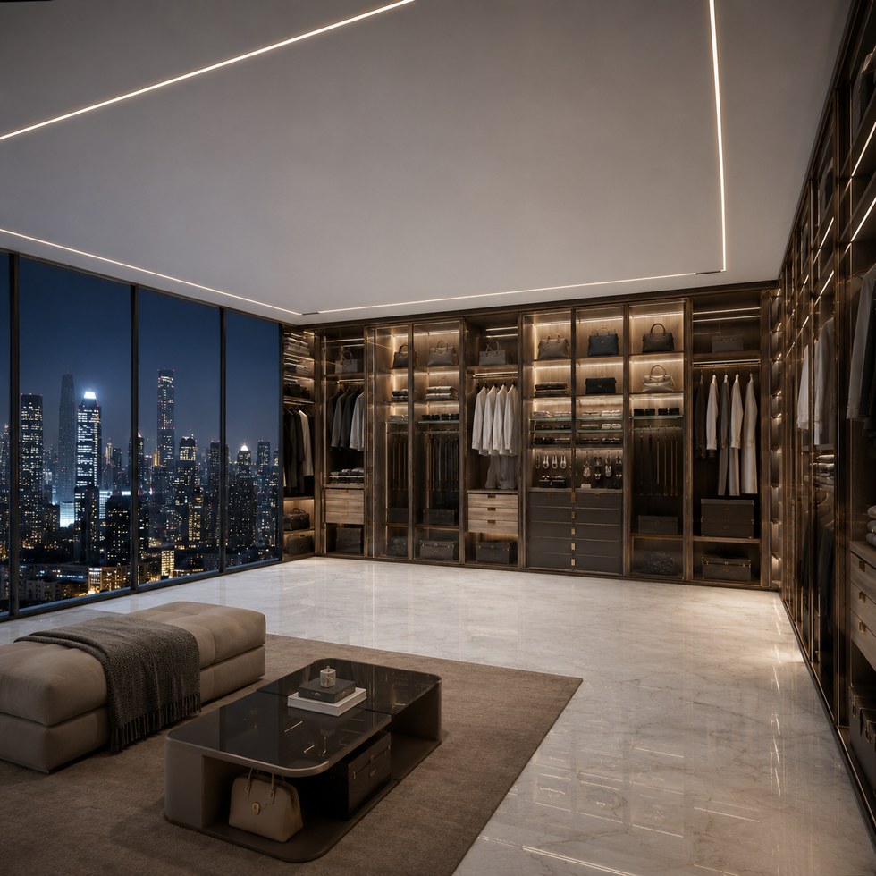 Luxury Tinted Glass Walk-In Closet Wardrobe With Warm Lighting