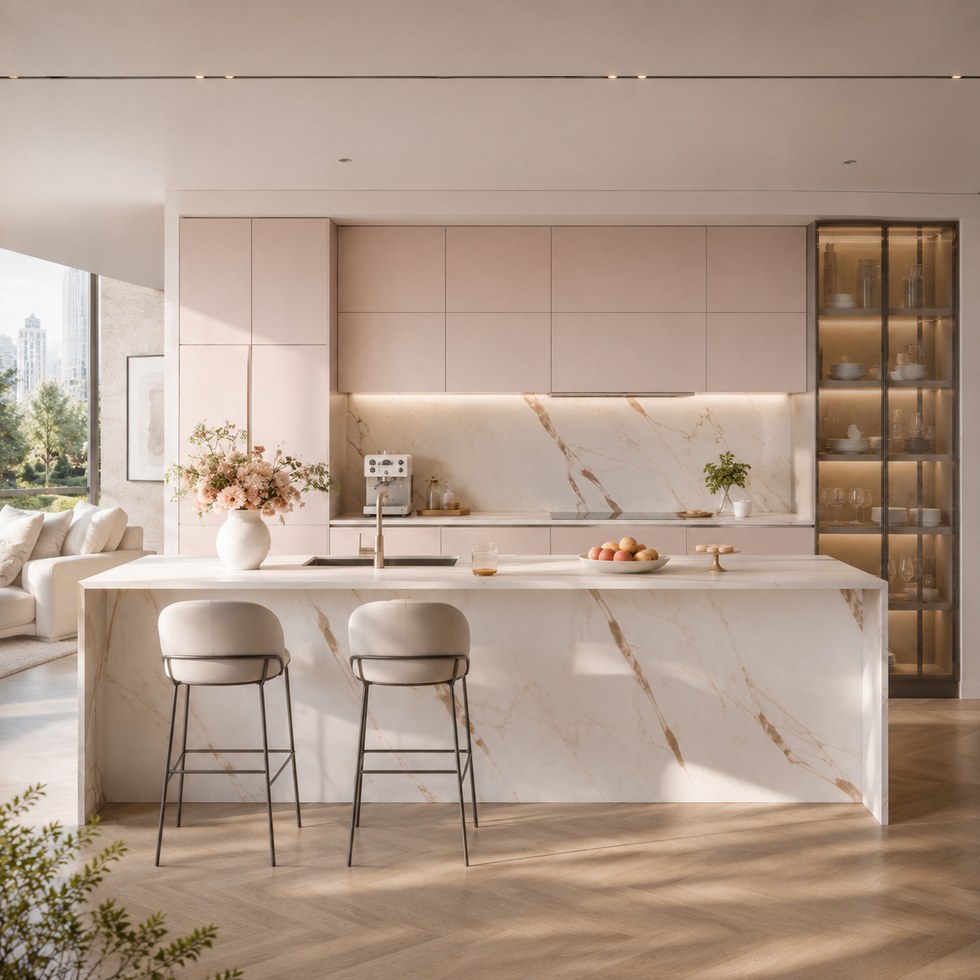 Soft Blush Modern Kitchen Cabinets With Veined Island And Glass Display