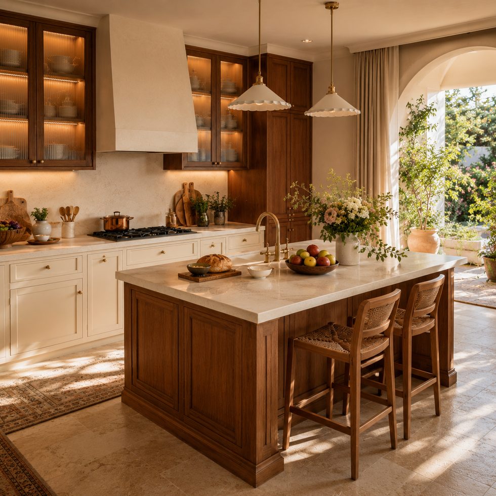 Warm Wood and Cream Kitchen Cabinets with Glass Wall Units
