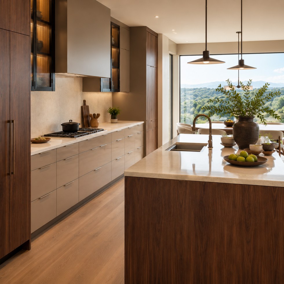 Warm Wood Grain Kitchen Cabinets with Island and Smoked Glass Display Units