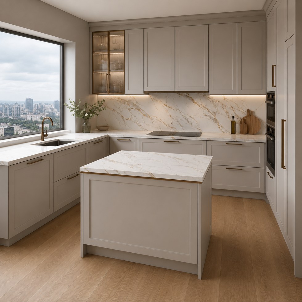 Light Greige Shaker Kitchen Cabinets With Island And Glass Display Cabinet