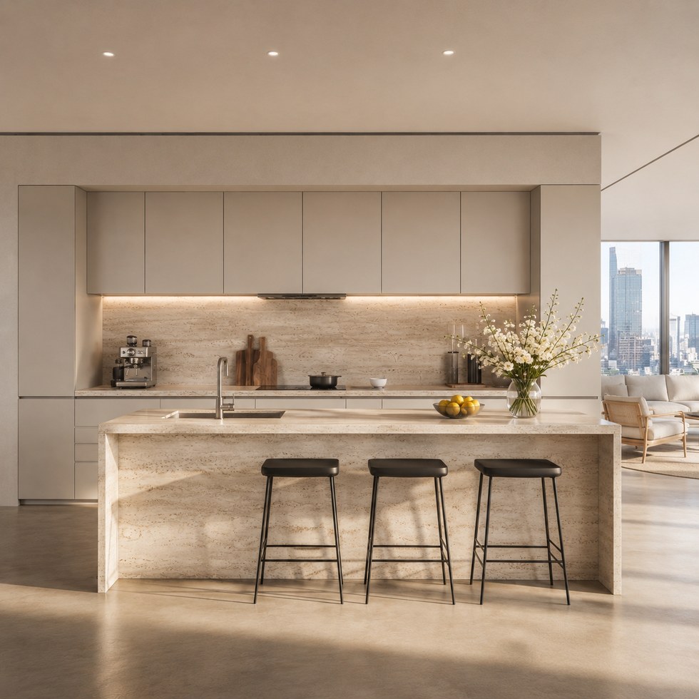 Modern Beige Kitchen Cabinets with Stone-Look Island and Integrated Lighting