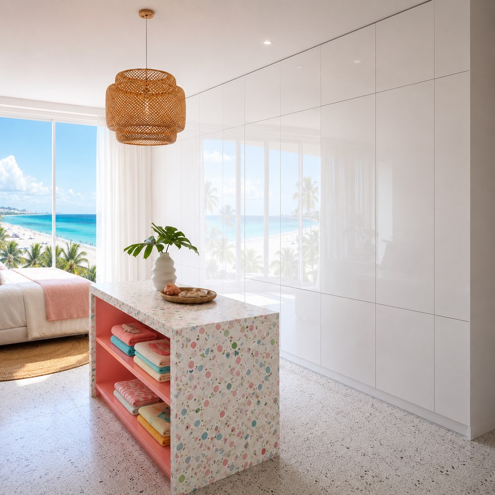 Glossy White Walk-In Closet Wardrobe With Terrazzo Look Island