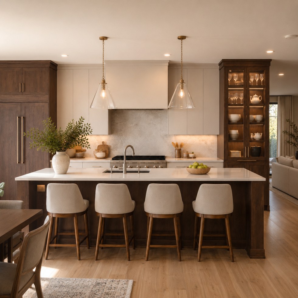 Warm Wood and White Kitchen Cabinets With Long Island and Glass Display Units