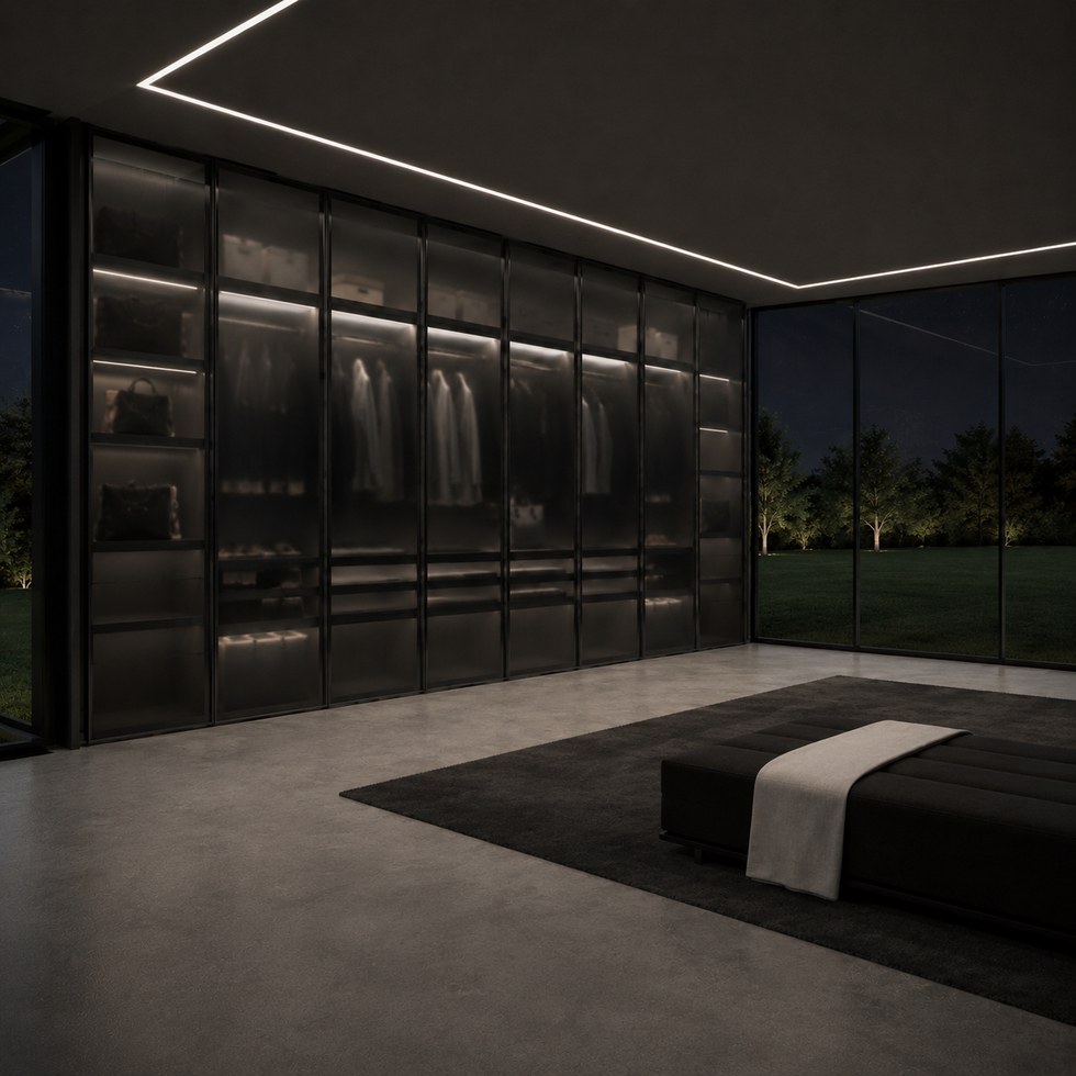 Dark Smoked Glass Walk-In Closet Wardrobe With Integrated Lighting