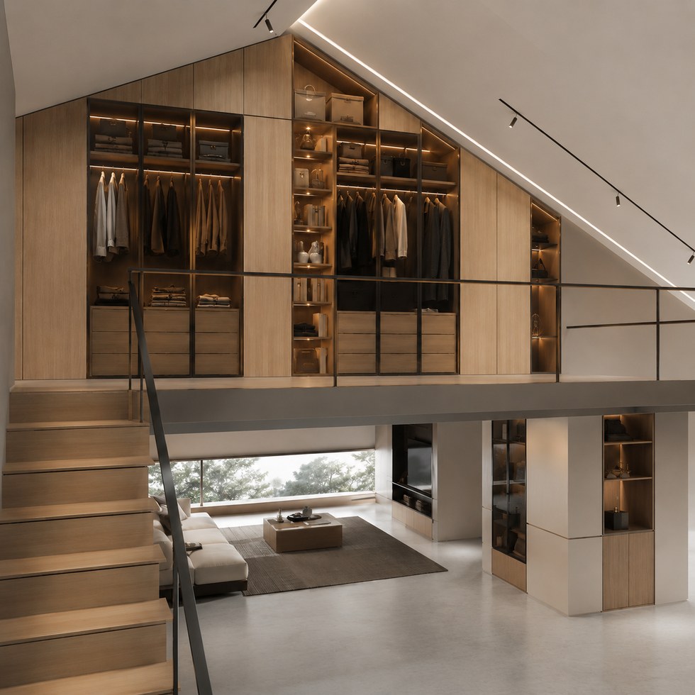 Loft Sloped Ceiling Walk-In Closet Wardrobe with Warm Lighting