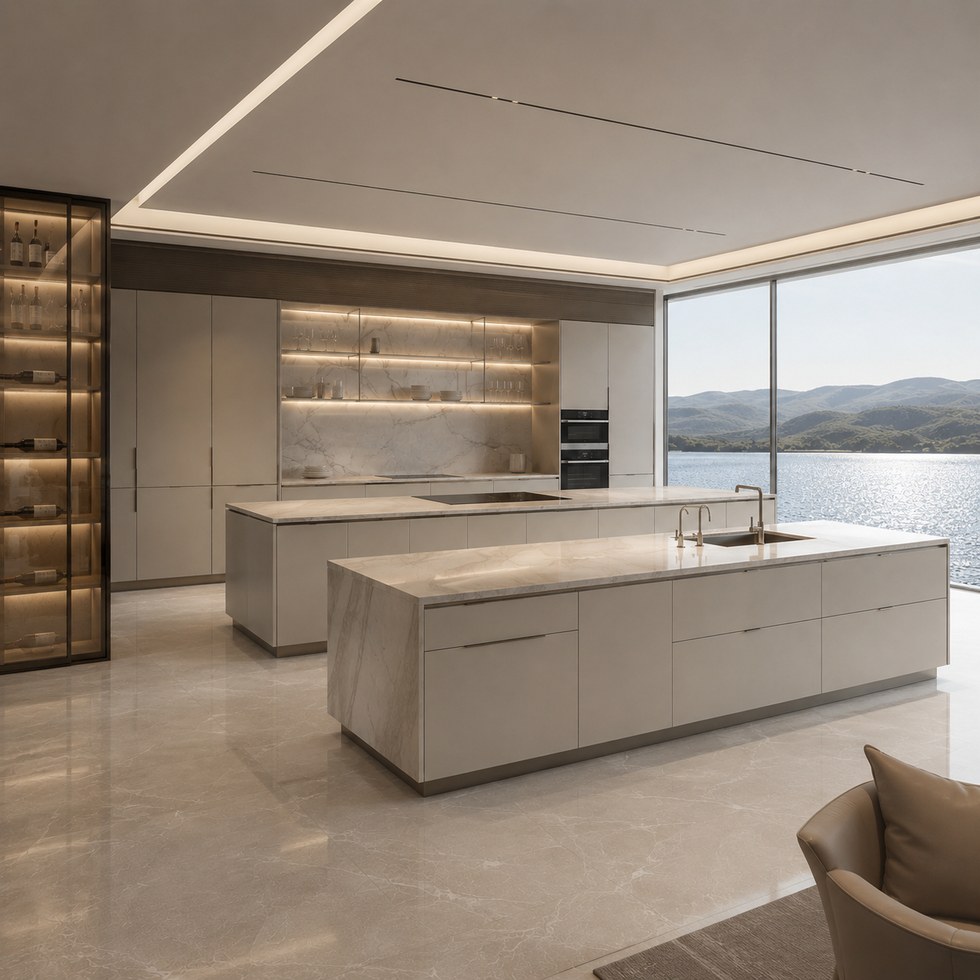 Luxury Light Taupe Island Kitchen Cabinets with Glass Display Cabinet