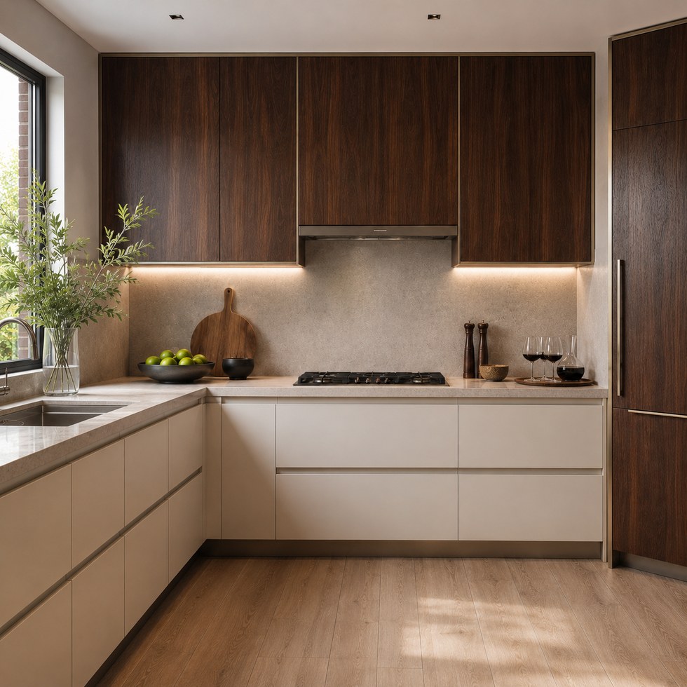 Dark Wood Grain and Cream Slab Custom Kitchen Cabinets