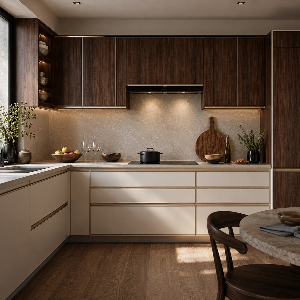 Modern Two-Tone Wood Grain and Cream L-Shaped Kitchen Cabinets