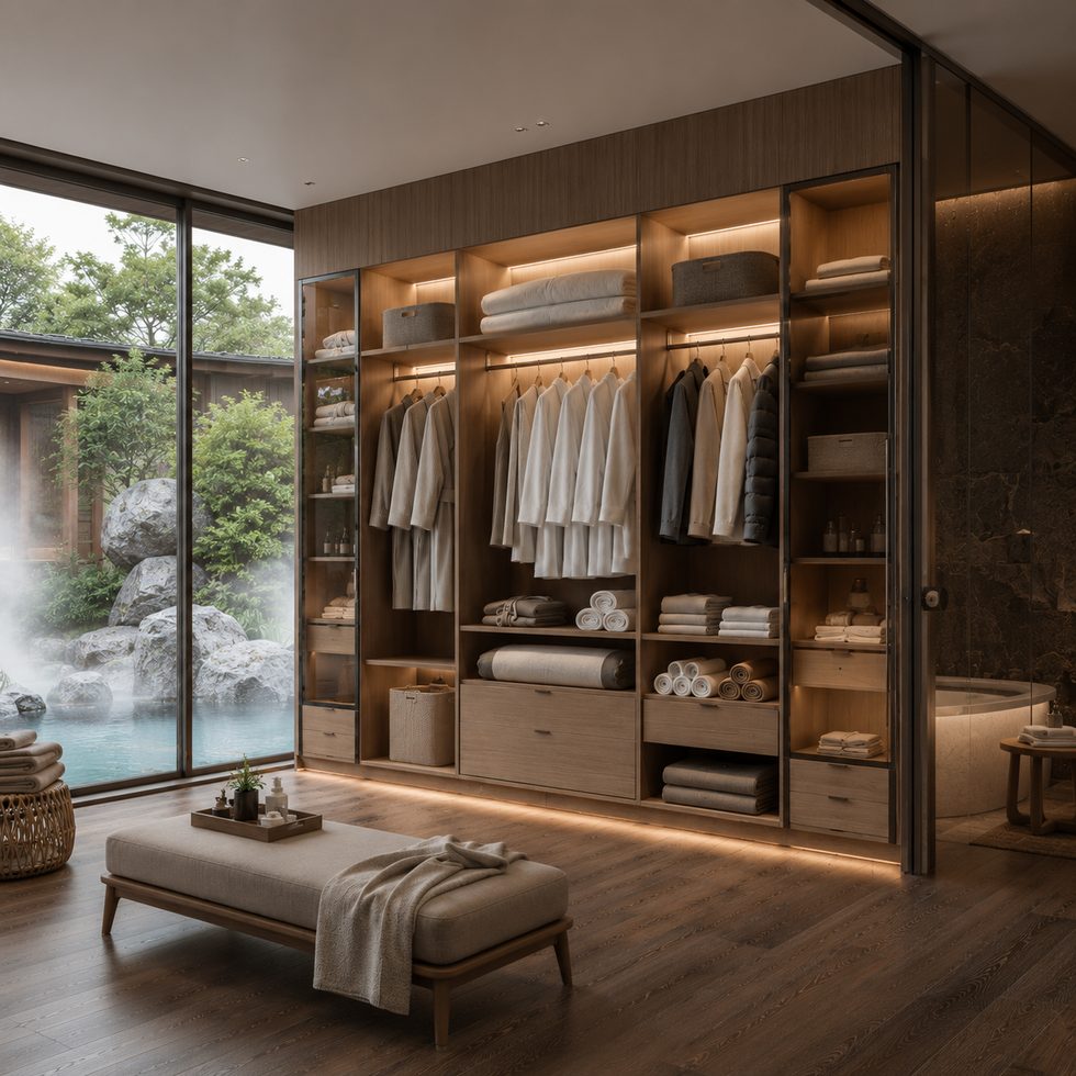 Warm Wood-Look Walk-In Closet Wardrobe With Open Shelves, Drawers and Glass-Framed Display Sections
