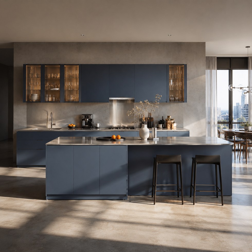 Modern Slate Blue Kitchen Cabinets With Island and Glass Display Uppers