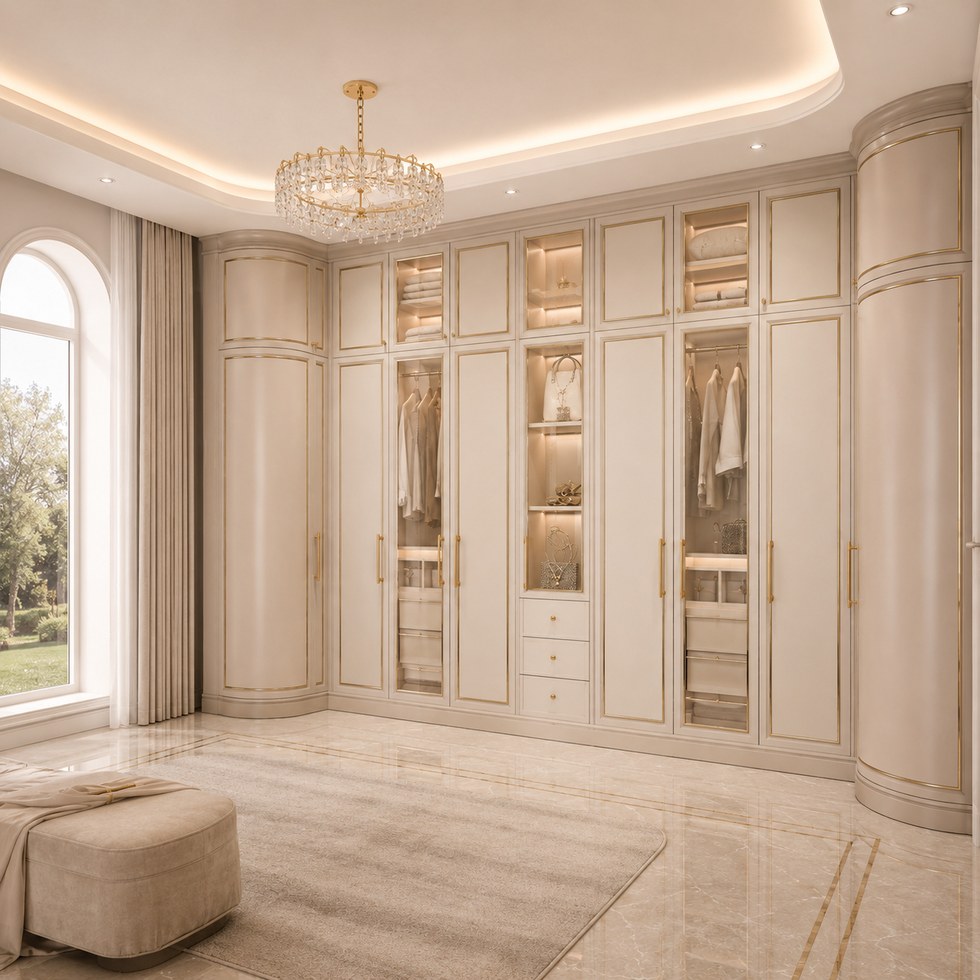 Luxury Ivory Walk-In Closet Wardrobe with Glass Display Doors and Gold-Tone Trim