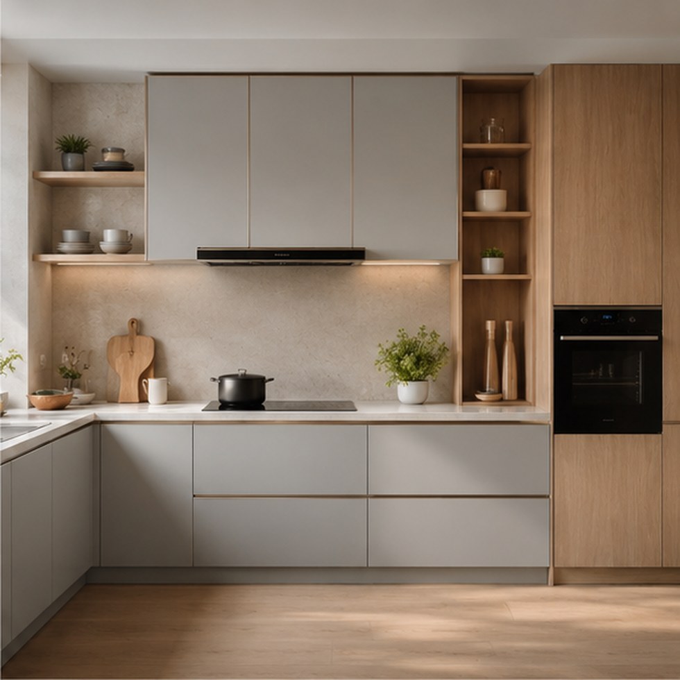 Light Grey L-Shaped Kitchen Cabinets with Wood-Tone Tall Storage