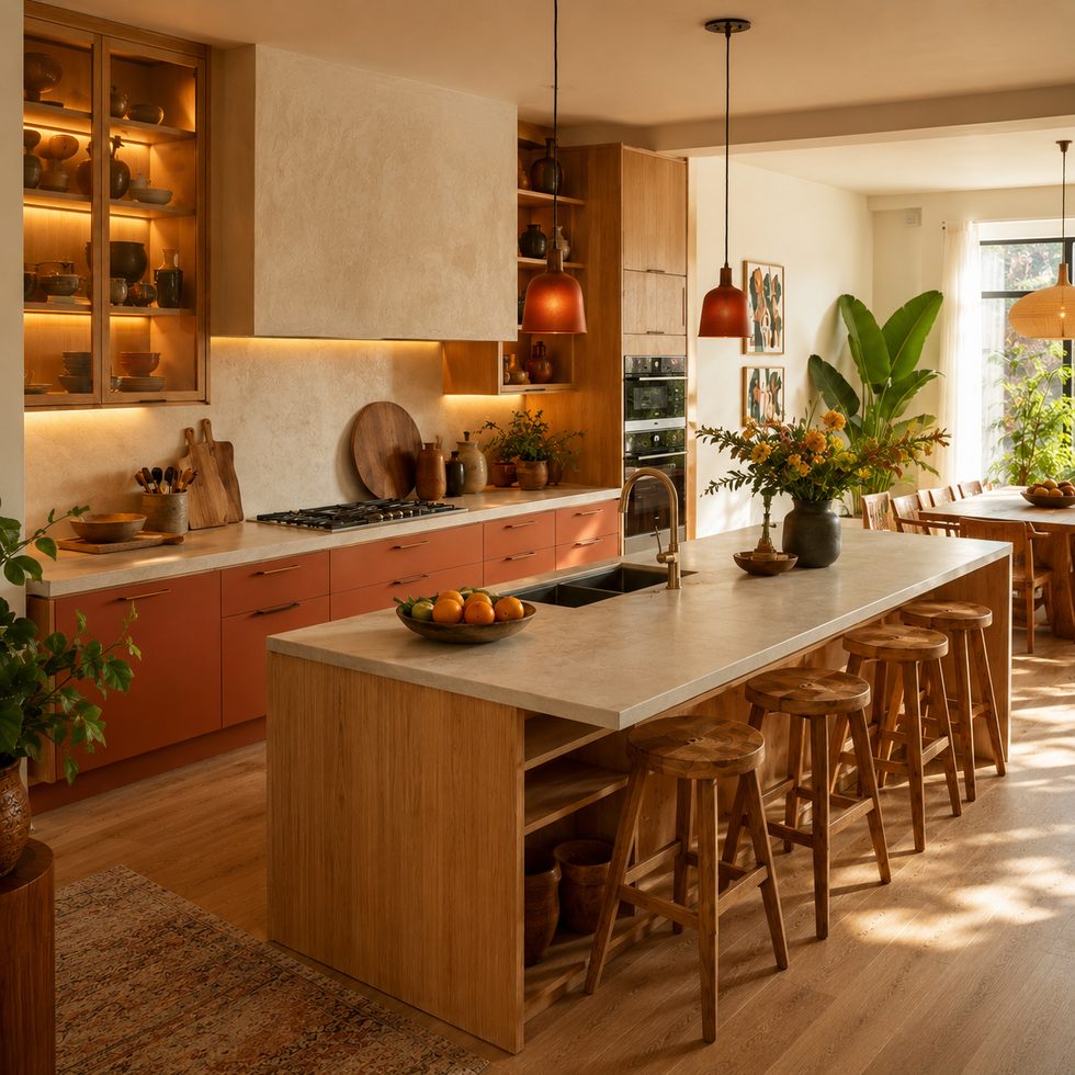 Warm Terracotta and Wood Kitchen Cabinets with Island