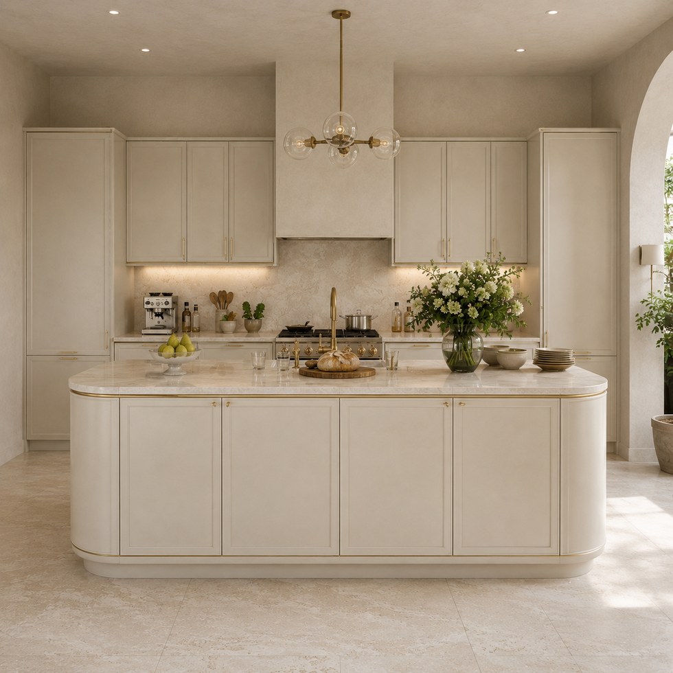 Cream Custom Kitchen Cabinets with Rounded Island and Gold Tone Handles