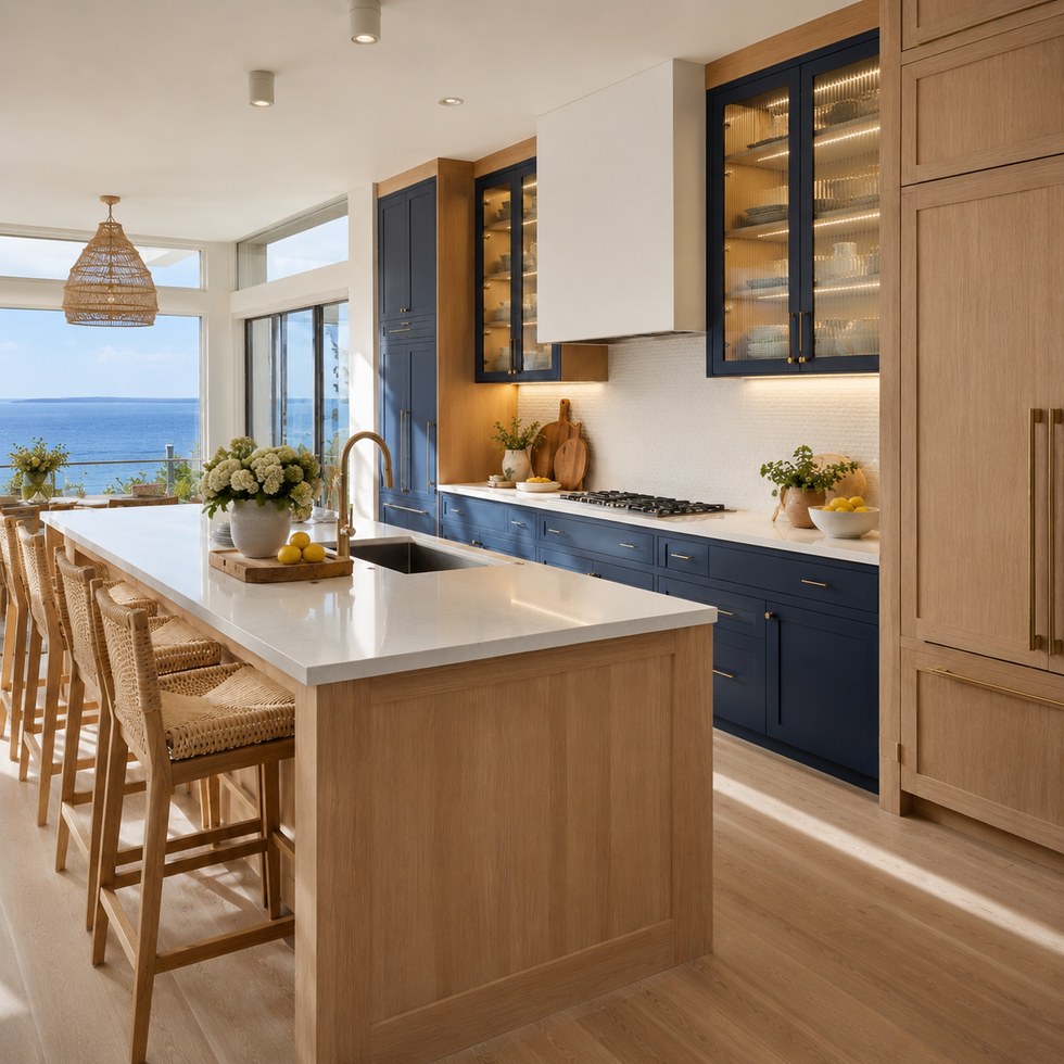 Coastal Navy Blue and Wood Tone Double Island Kitchen Cabinets