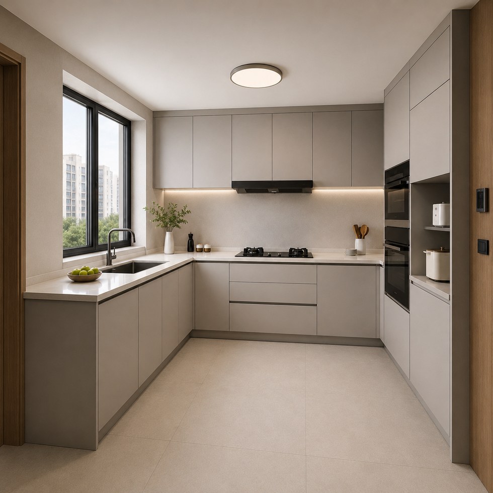 Modern Light Gray L-Shaped Kitchen Cabinets With Built-In Appliance Tower