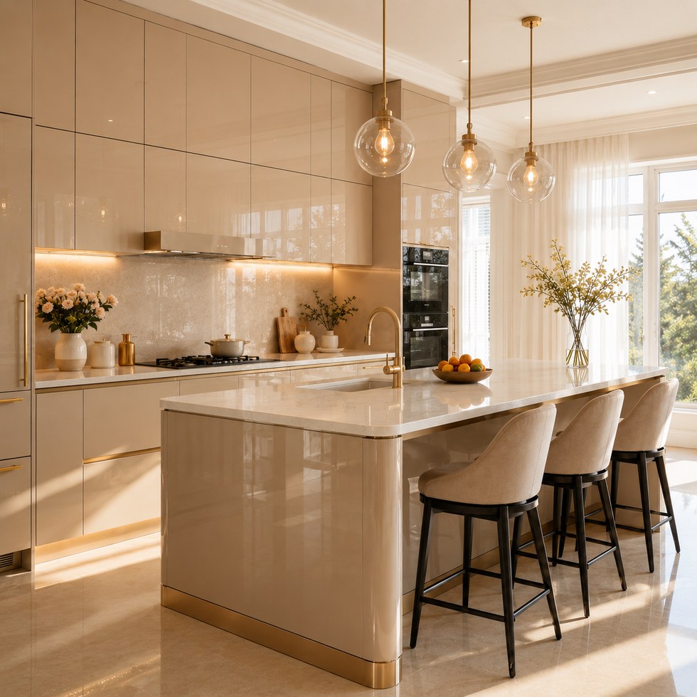 Glossy Beige Modern Kitchen Cabinets With Island and Warm Lighting