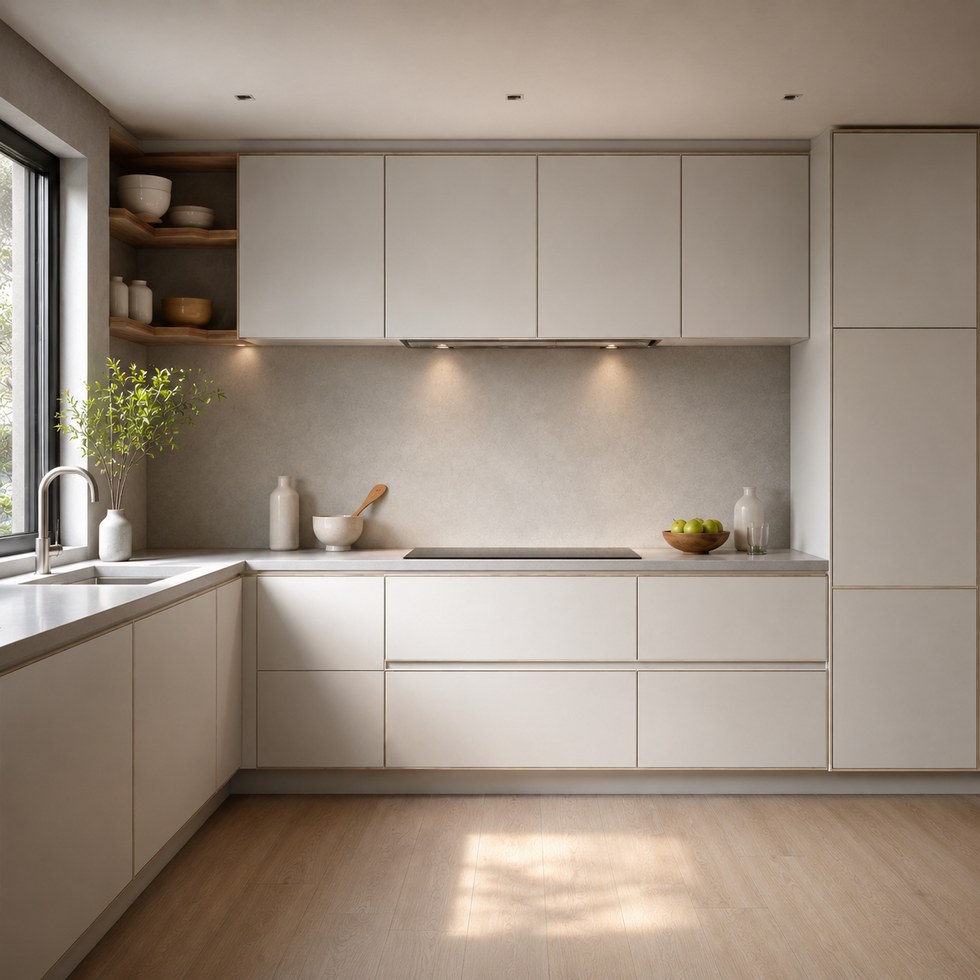 Light Neutral Flat Panel L Shaped Kitchen Cabinets with Tall Storage