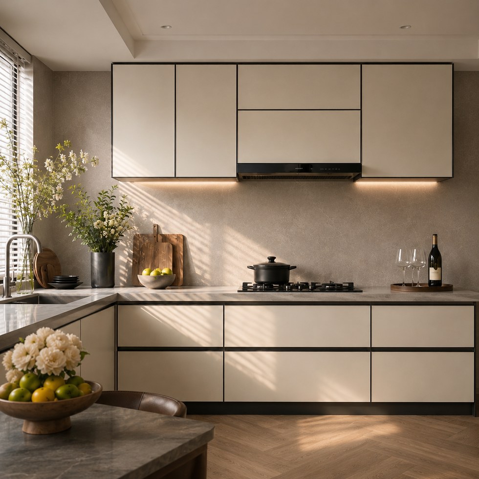 Modern Cream Handleless Kitchen Cabinets with Black Trim