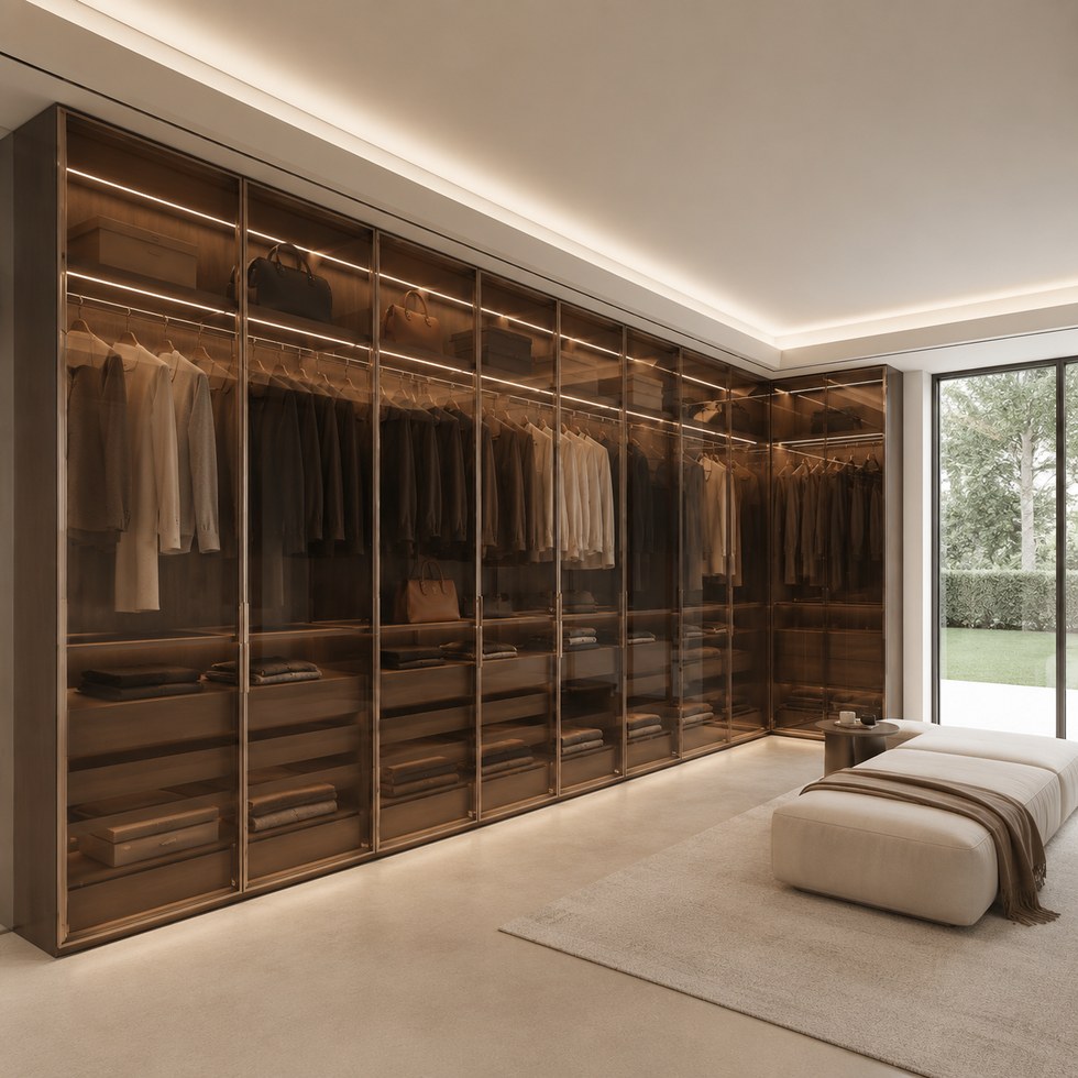 Bronze Glass Walk-In Closet Wardrobe with Warm Interior Lighting