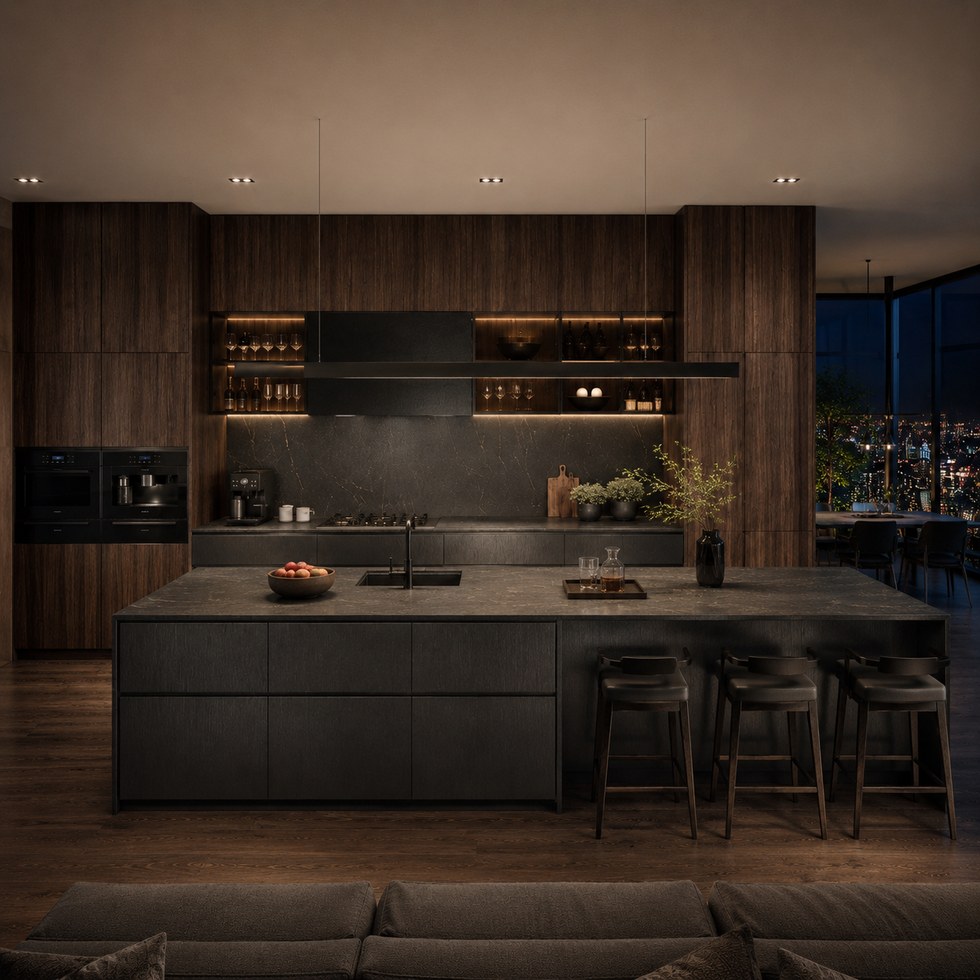 Dark Wood Look Luxury Kitchen Cabinets With Matte Charcoal Island