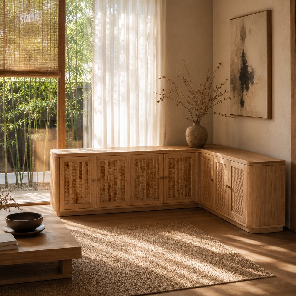 Natural Wood Tone TV Cabinet with Woven Panel Doors and Corner Storage