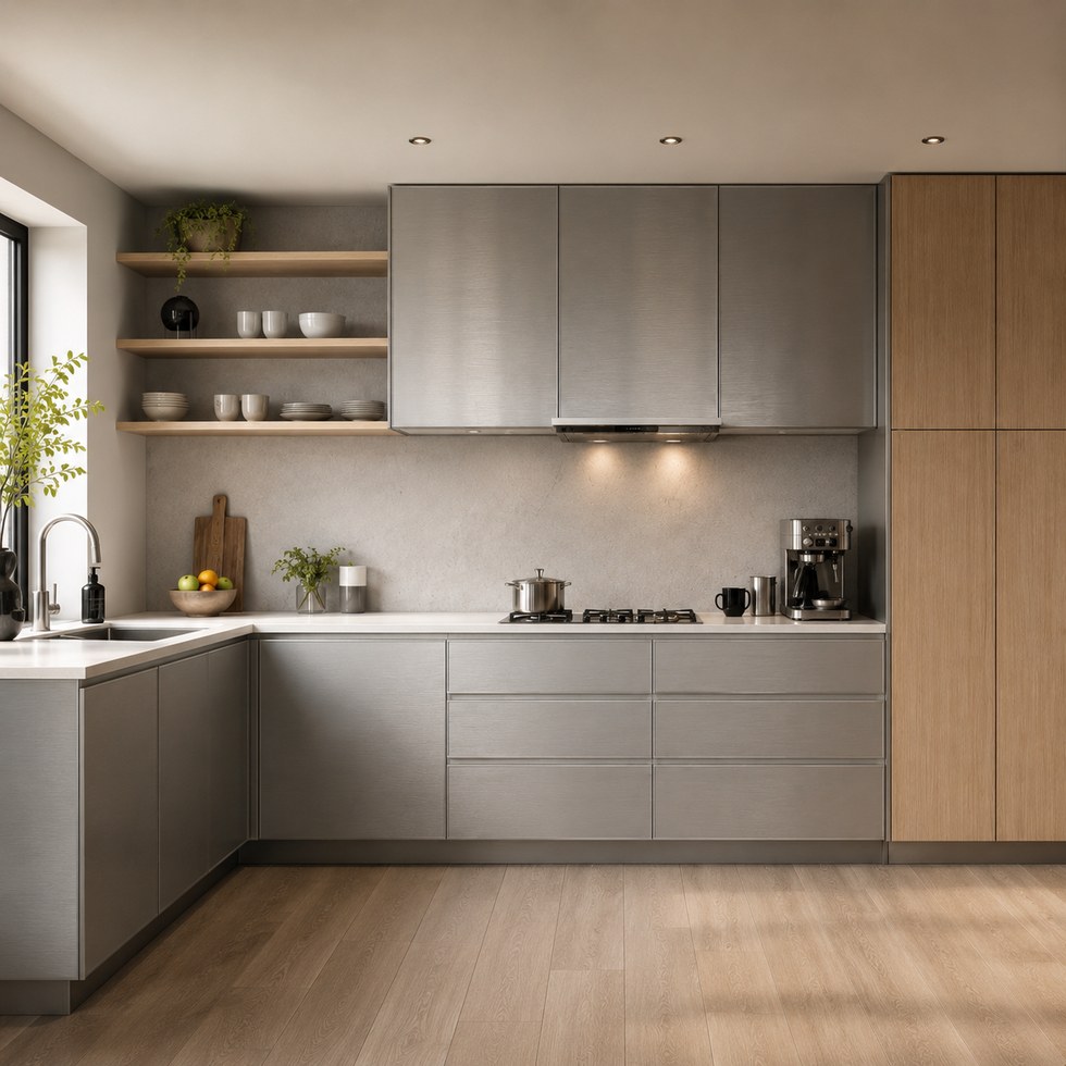 Modern Brushed Gray and Wood Tone L-Shaped Custom Kitchen Cabinets