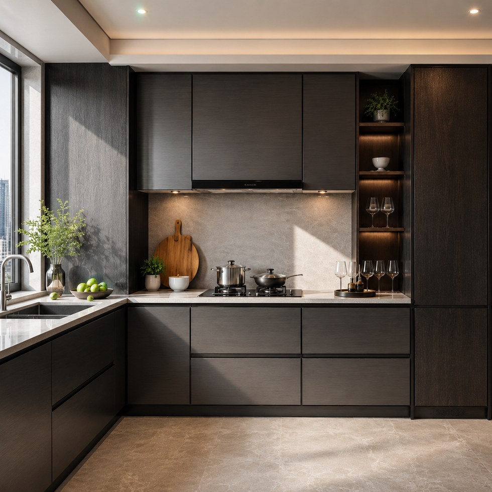 Dark Woodgrain Modern Kitchen Cabinets with Integrated Shelving