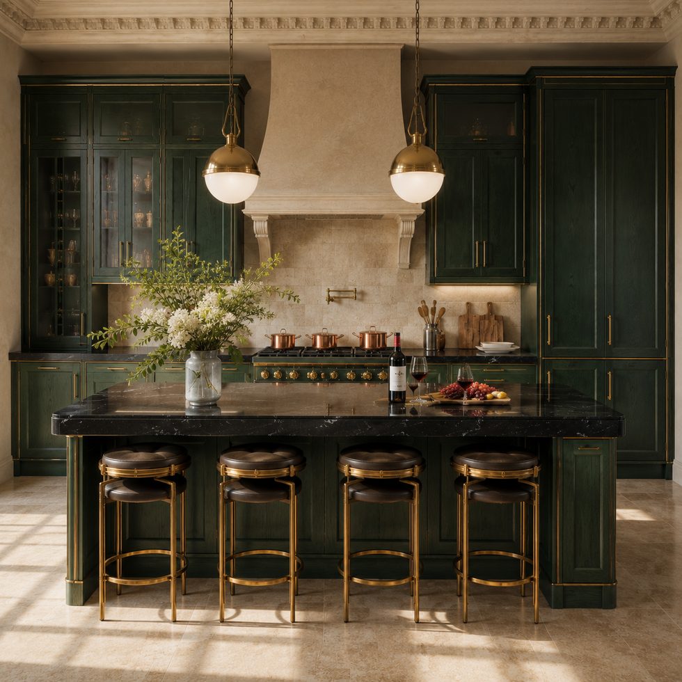 Dark Green Classic Kitchen Cabinets with Island and Black Stone-Look Countertop