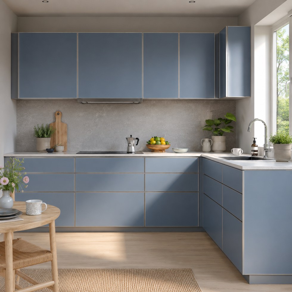 Blue Gray L-Shaped Custom Kitchen Cabinets with Slim Metallic Lines