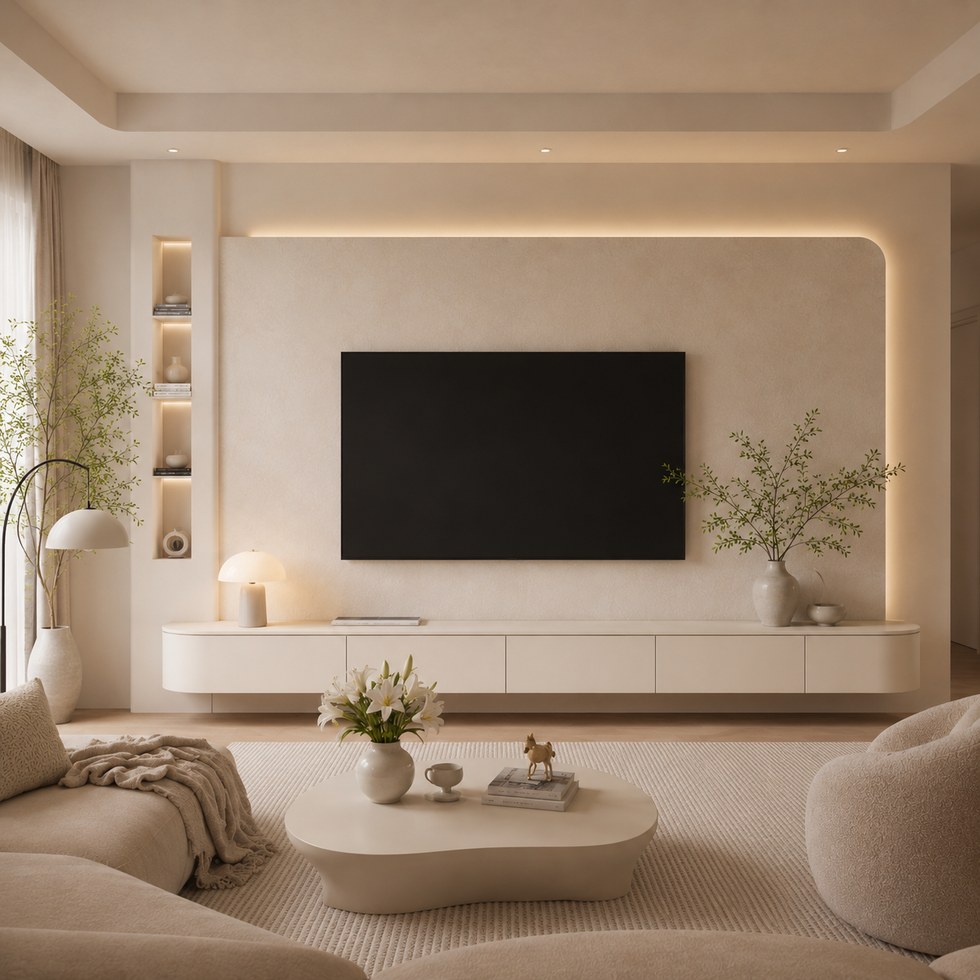 Modern Floating TV Cabinet With Rounded Backdrop Panel And Warm LED Display Shelves