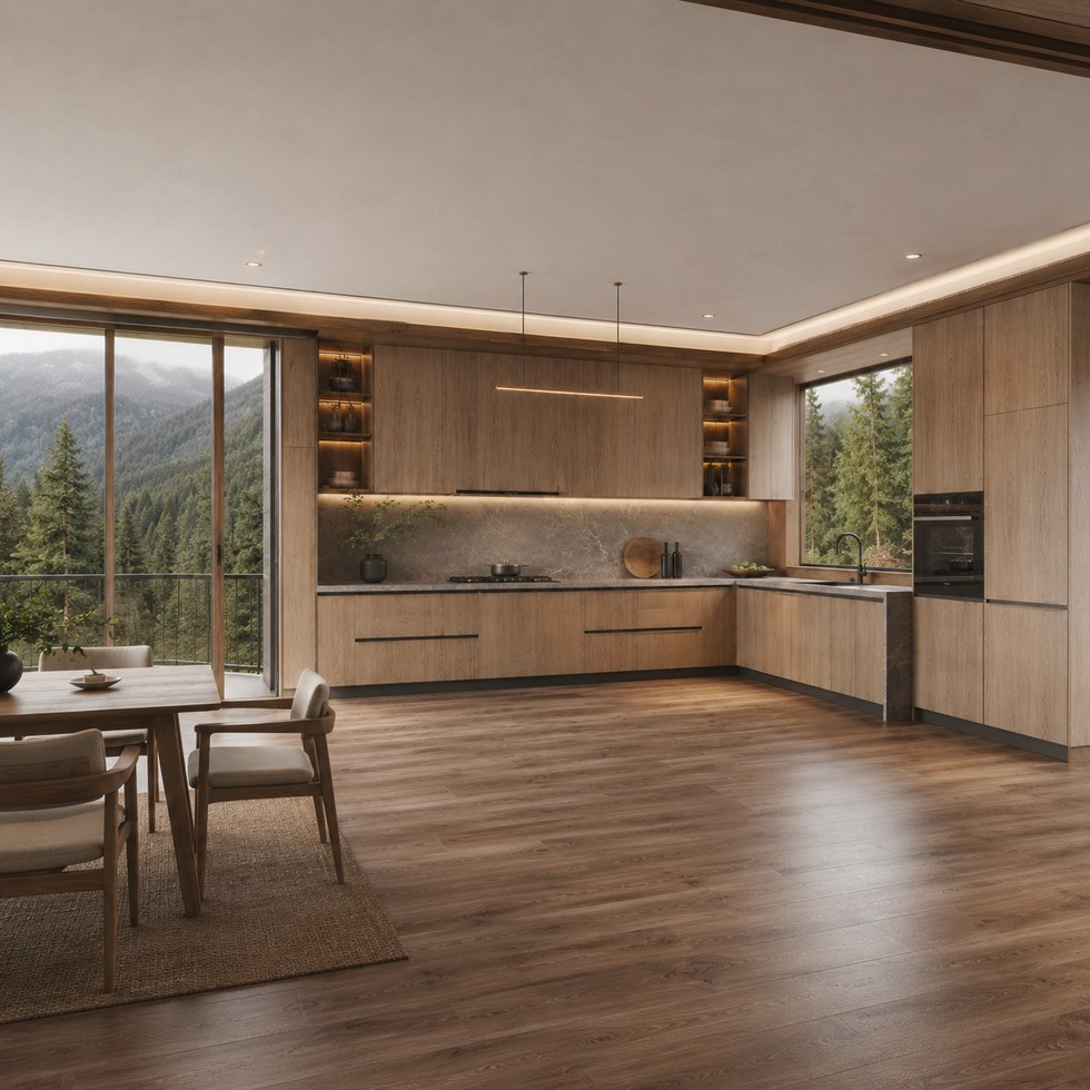 Natural Wood Grain Modern Kitchen Cabinets With Stone-Look Countertop